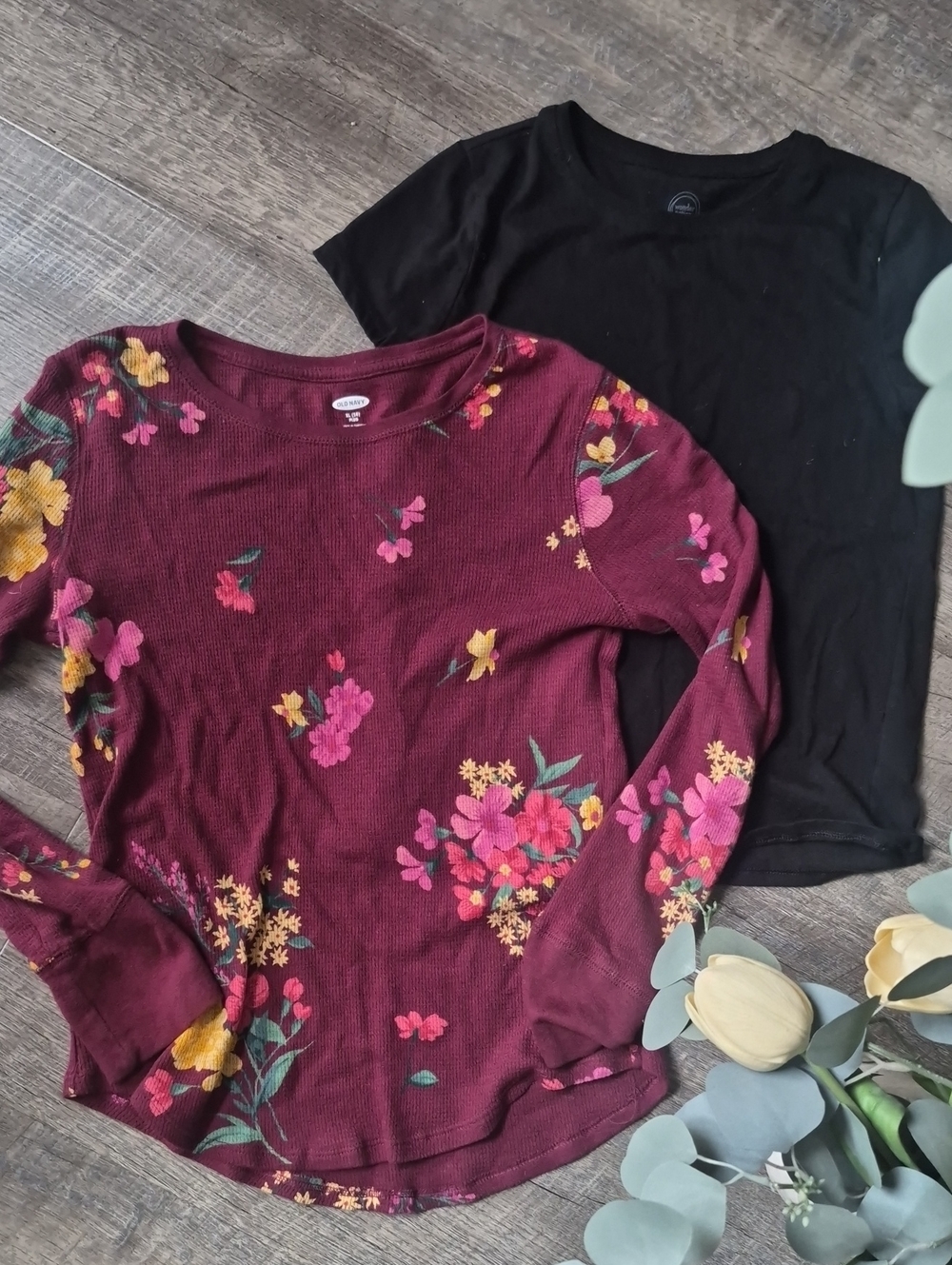 Old Navy Burgundy Floral Long Sleeve Tee with Black Layering Top